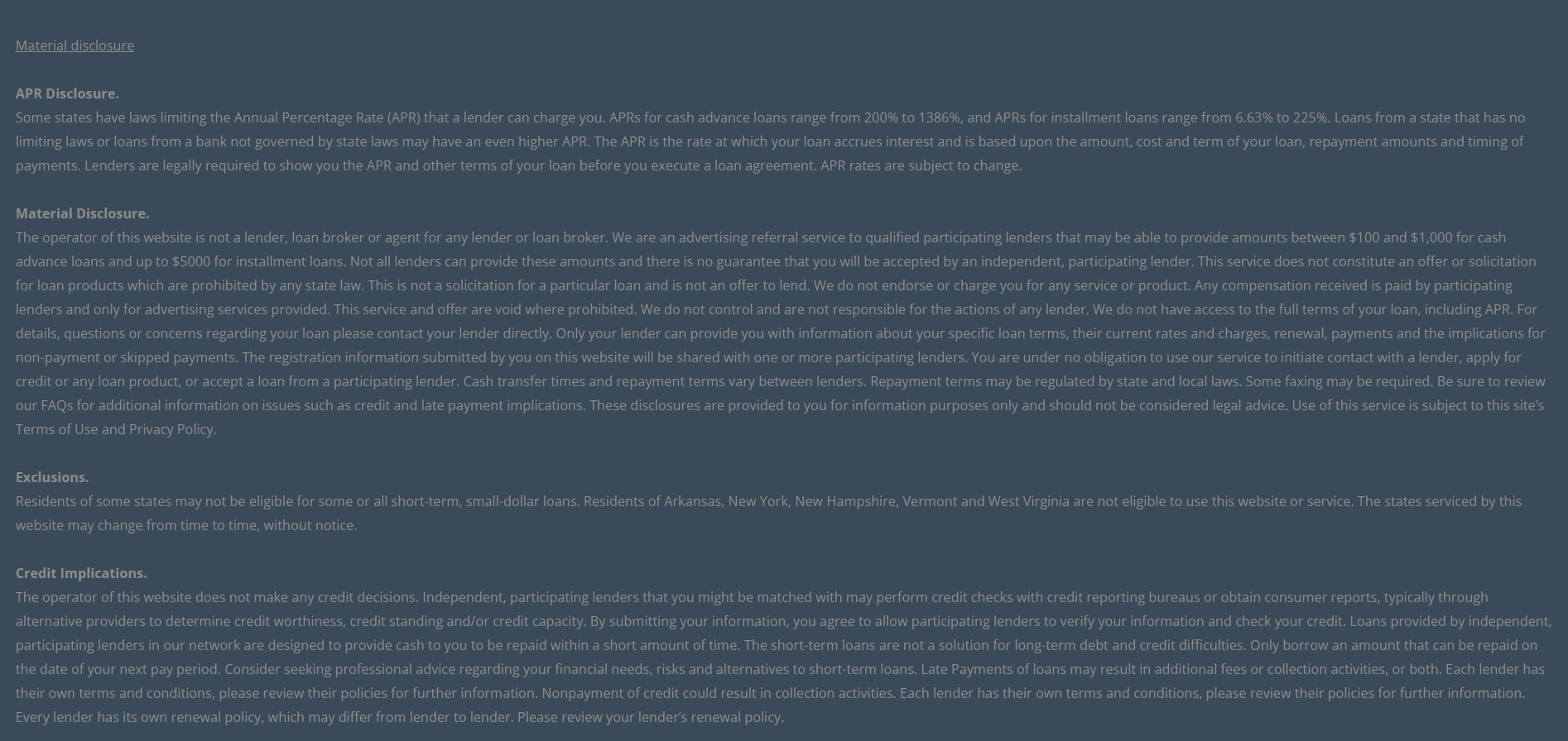 Material disclosure for payday loans in St. Petersburg Florida